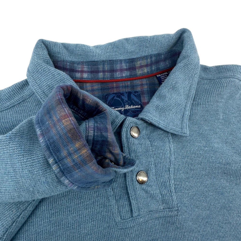 Tommy Bahama Mens Blue Waffle Knit Long Sleeve Polo Shirt 2XLT Big & Tall Snap